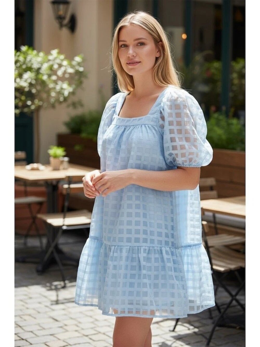 She + Sky Light Blue Sheer Puff Sleeve Dress Size Med